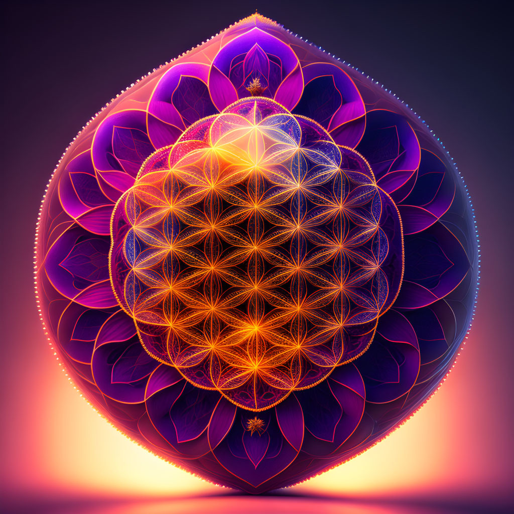 Symmetrical Purple and Gold Mandala Art on Gradient Background