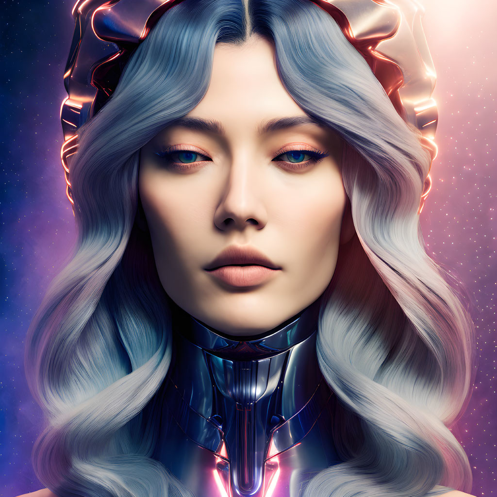 Cybernetic woman with blue hair and neon crown in cosmic setting