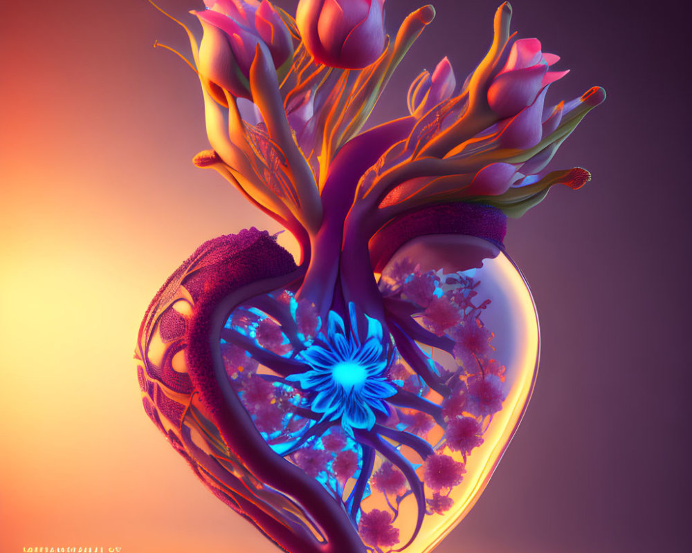 Surreal heart-shaped bouquet with glowing tendrils and intricate floral details