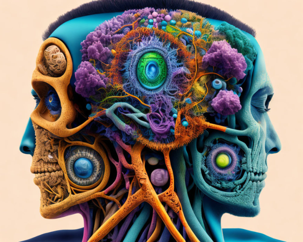 Vibrant digital profile of human head with biological and floral elements