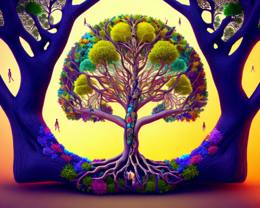 Colorful surreal artwork featuring intricate tree branches and silhouetted figures against gradient backdrop