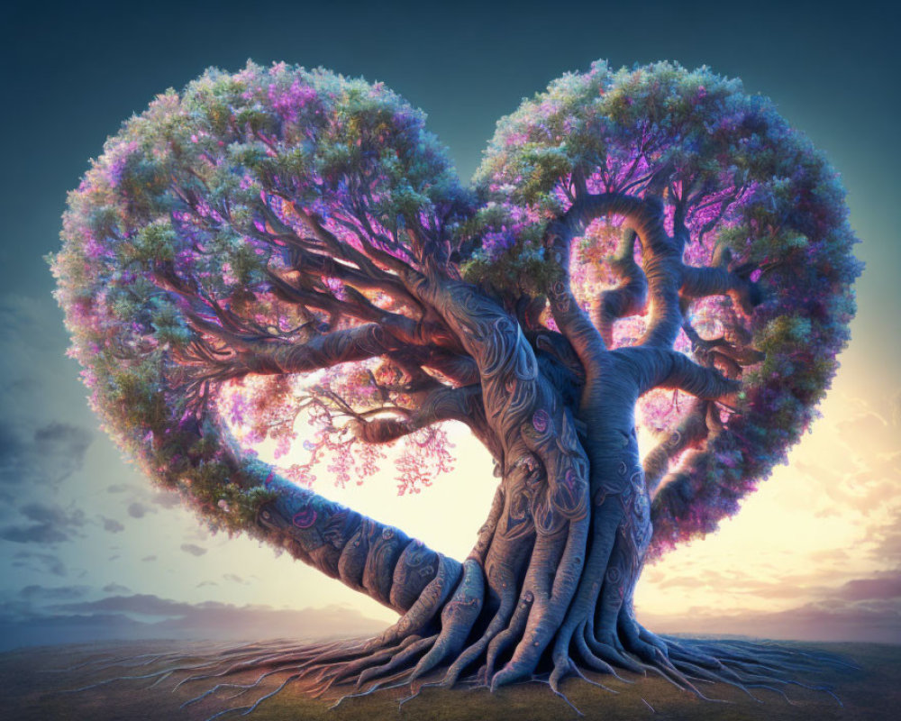 Intertwined Trees Form Heart Shape Against Colorful Sky