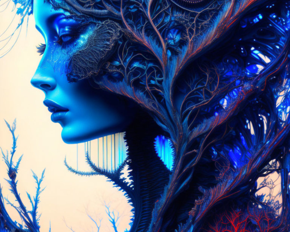 Digital artwork featuring woman with blue skin and tree-like patterns