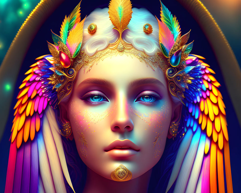 Vibrant digital portrait of person with blue eyes and ornate headdress