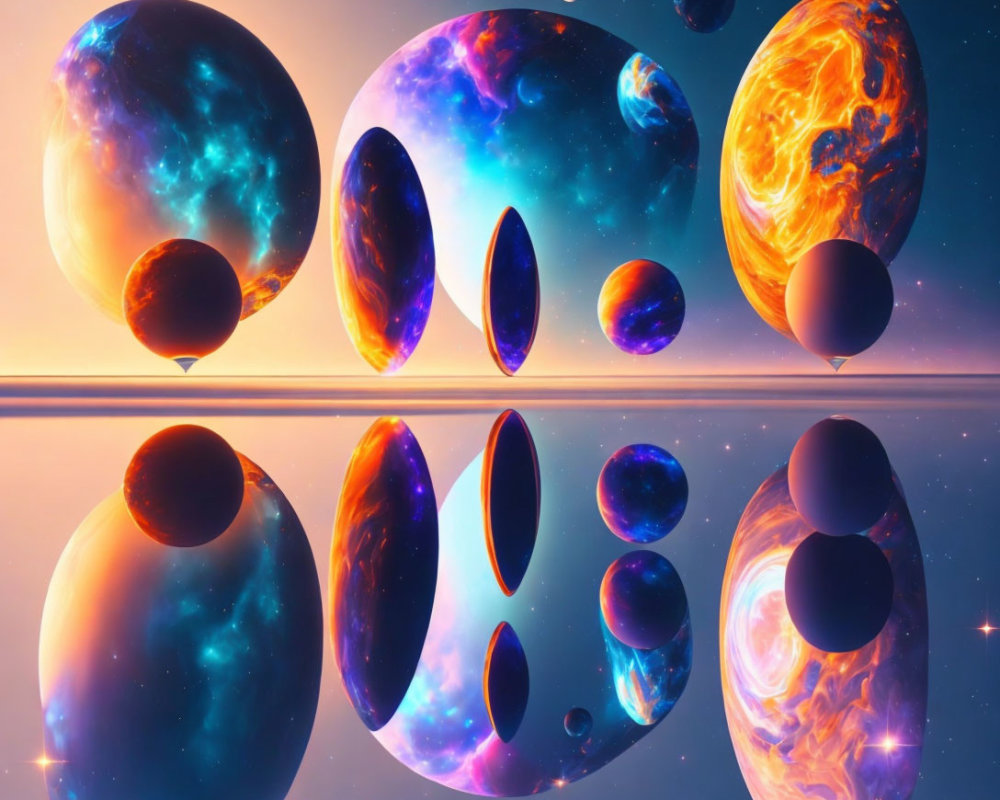 Vibrant cosmic spheres reflecting over serene water.