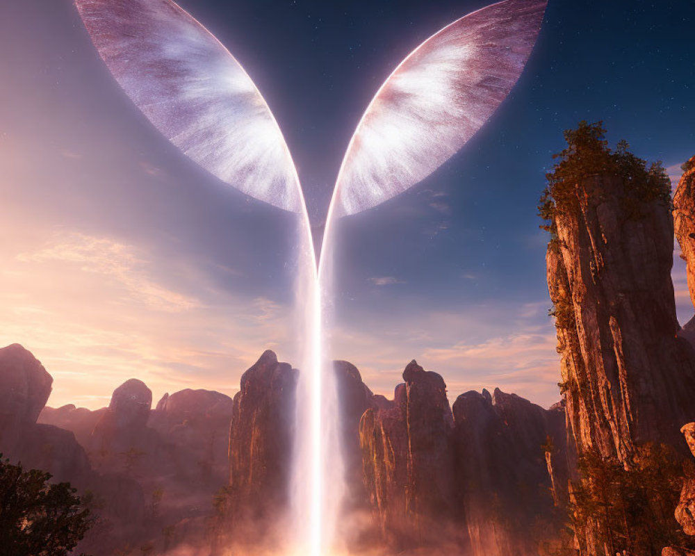 Ethereal split in sky resembles glowing wings above rocky cliffs