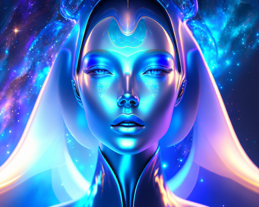 Cosmic-themed digital art of a woman with glowing blue skin