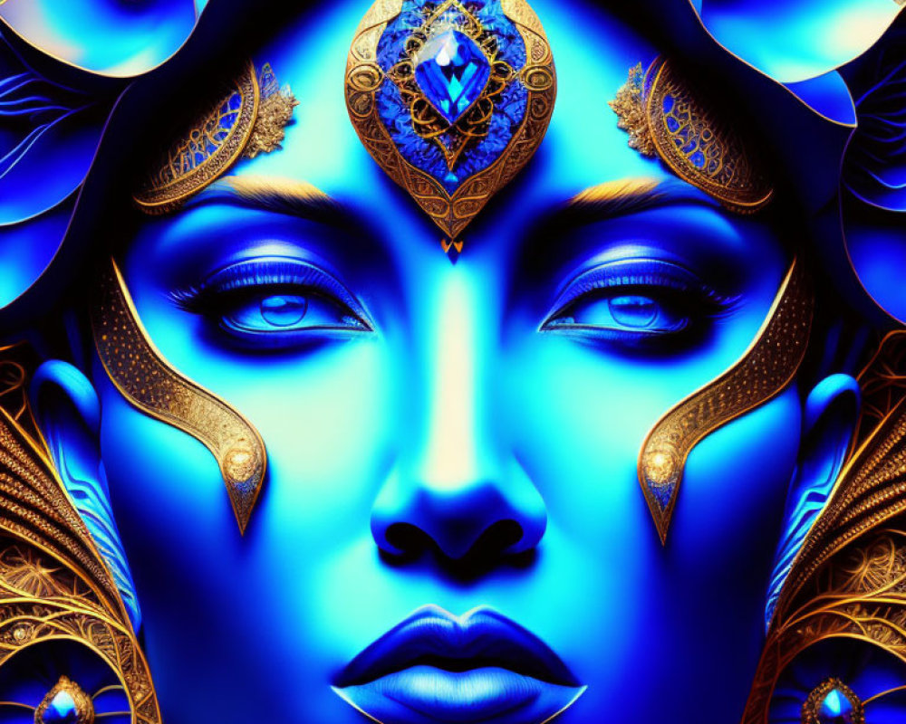 Blue-skinned woman with golden headdress and sapphire gem portrait.