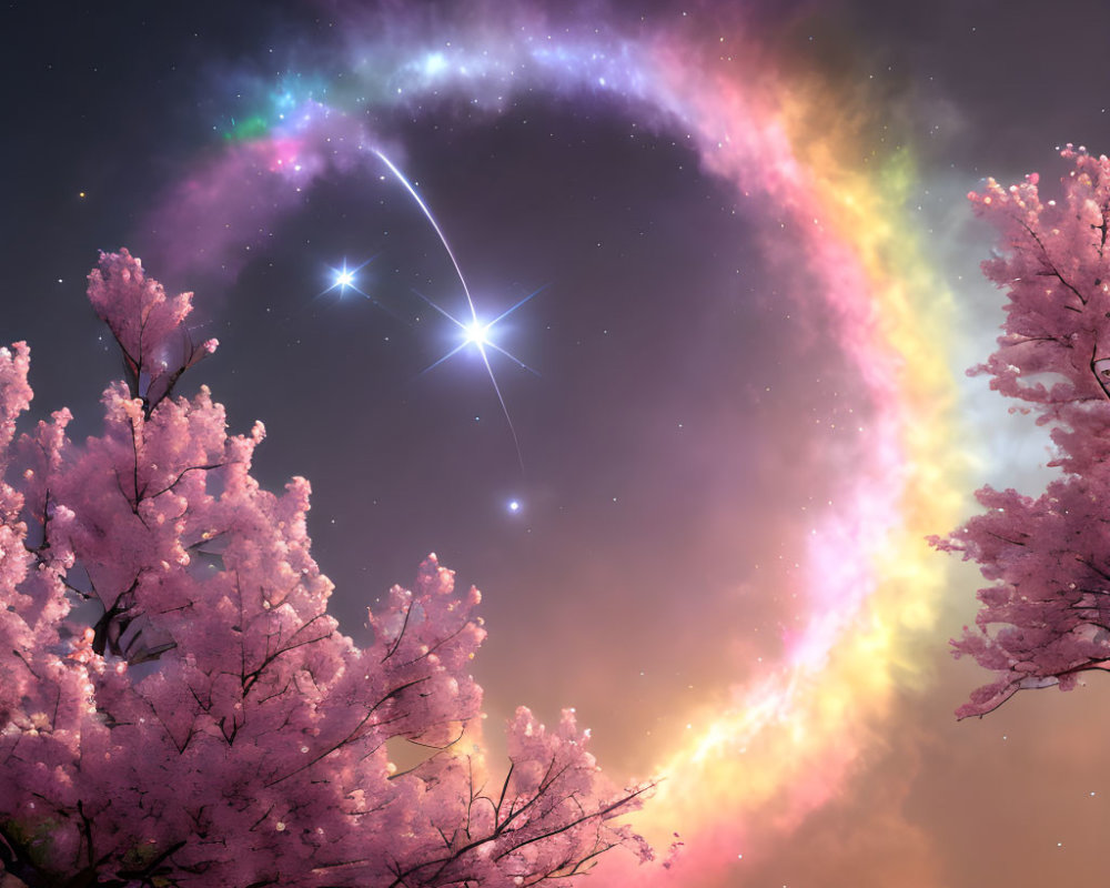 Celestial ring and cherry blossom trees under night sky