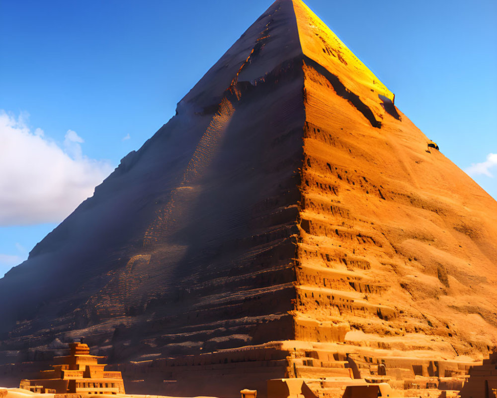 Great Pyramid of Giza in sunlight against clear blue sky