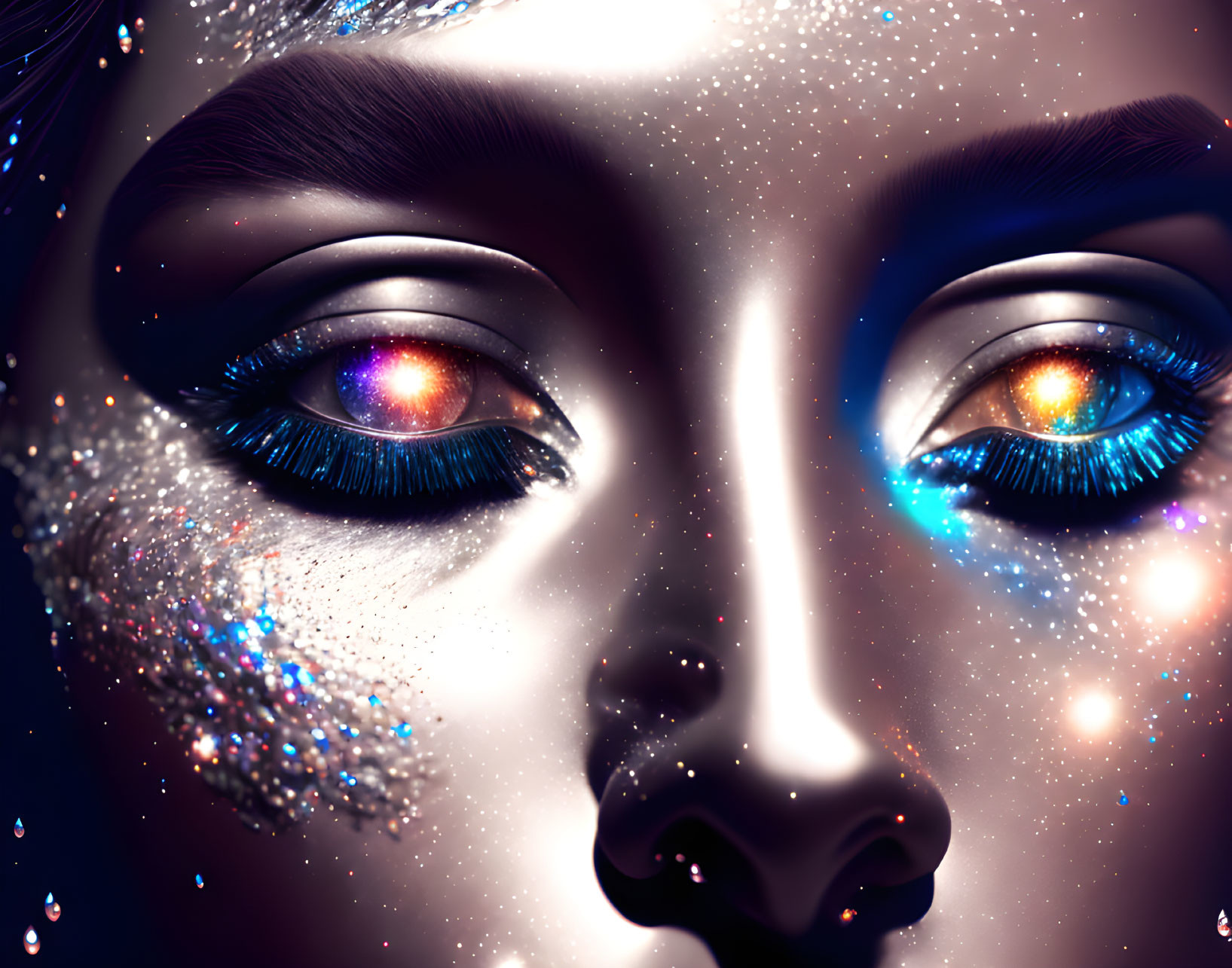 Cosmic-themed makeup with galaxy eyes and vibrant colors