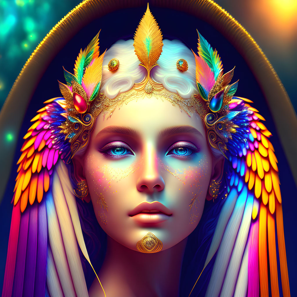 Vibrant digital portrait of person with blue eyes and ornate headdress