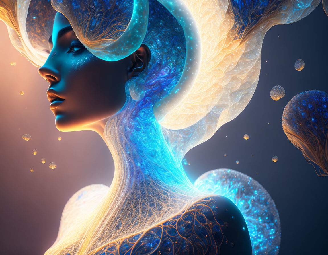 Woman with Luminous Blue Skin and Cosmic Patterns Surrounded by Jellyfish Shapes