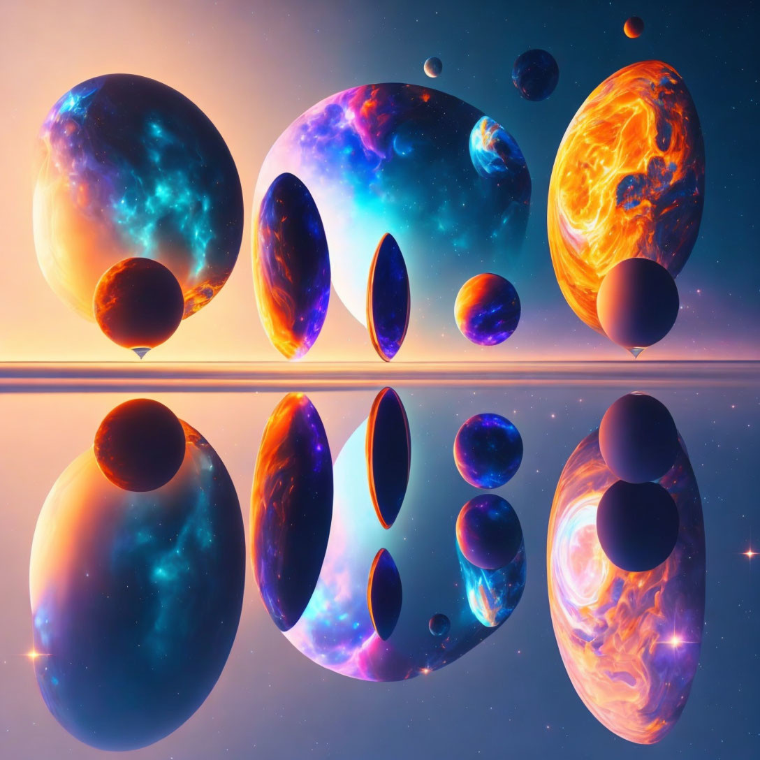 Vibrant cosmic spheres reflecting over serene water.