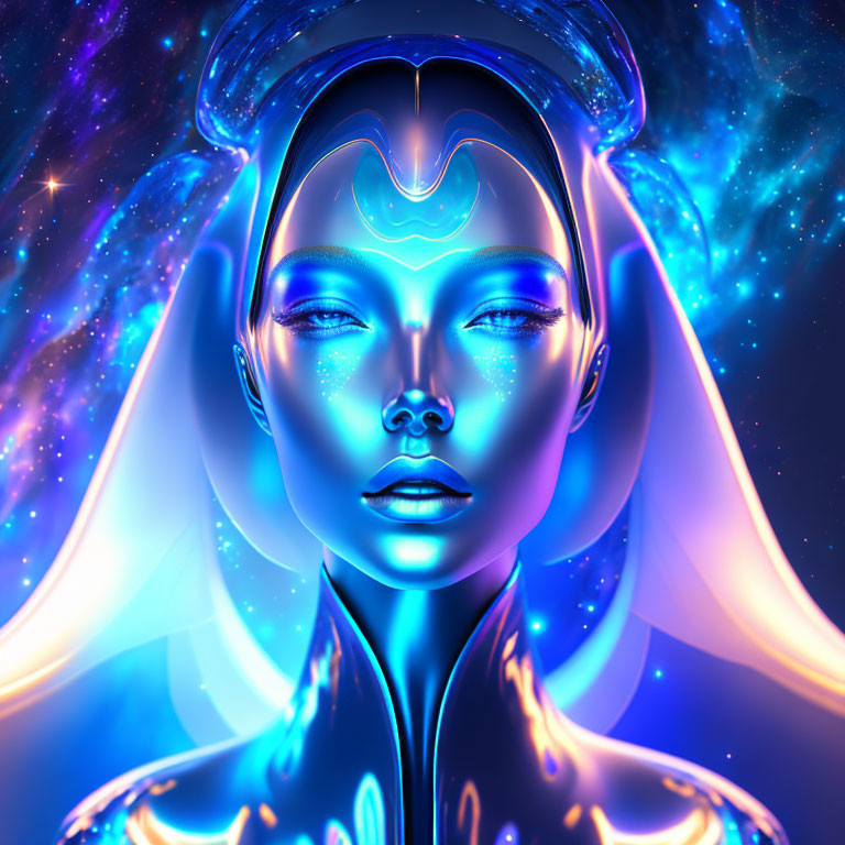 Cosmic-themed digital art of a woman with glowing blue skin