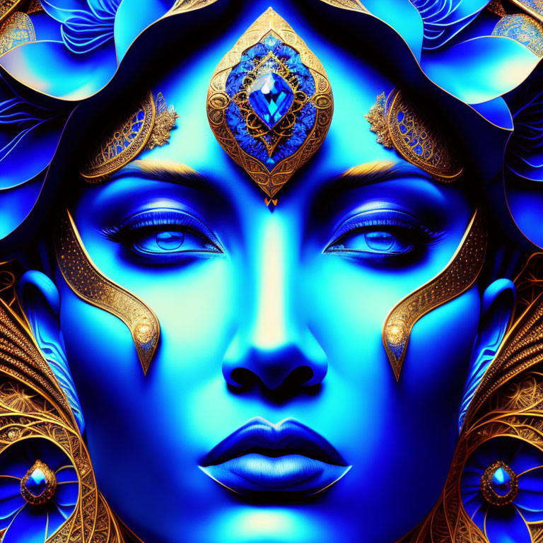 Blue-skinned woman with golden headdress and sapphire gem portrait.