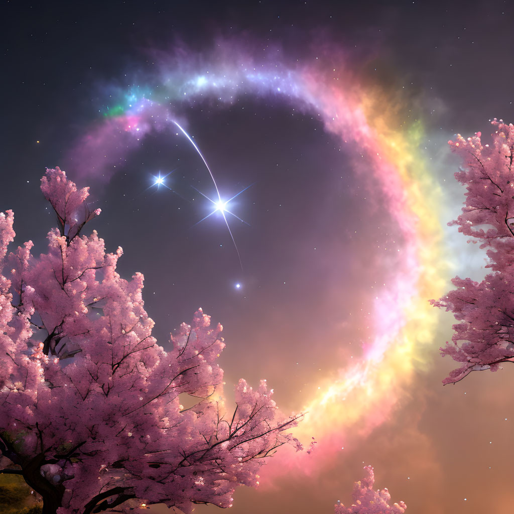 Celestial ring and cherry blossom trees under night sky