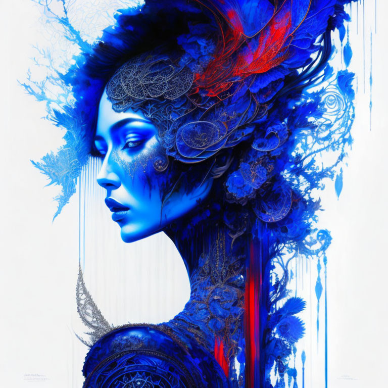 Digital artwork: Woman with blue skin and elaborate headpiece on white background