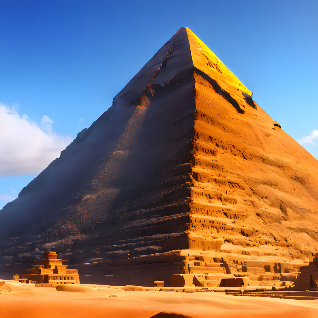 Great Pyramid of Giza in sunlight against clear blue sky