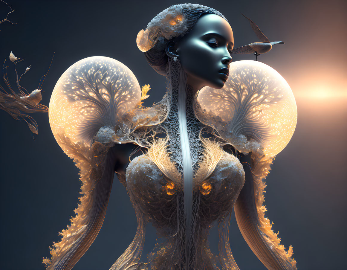 Surreal artwork: Woman with tree-like structure, glowing elements, and birds