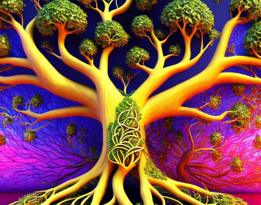 Colorful Psychedelic Tree Illustration with Twisted Golden Branches