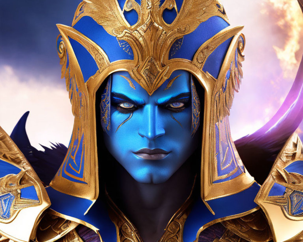 Character with Blue Skin in Ornate Golden Armor on Purple Background