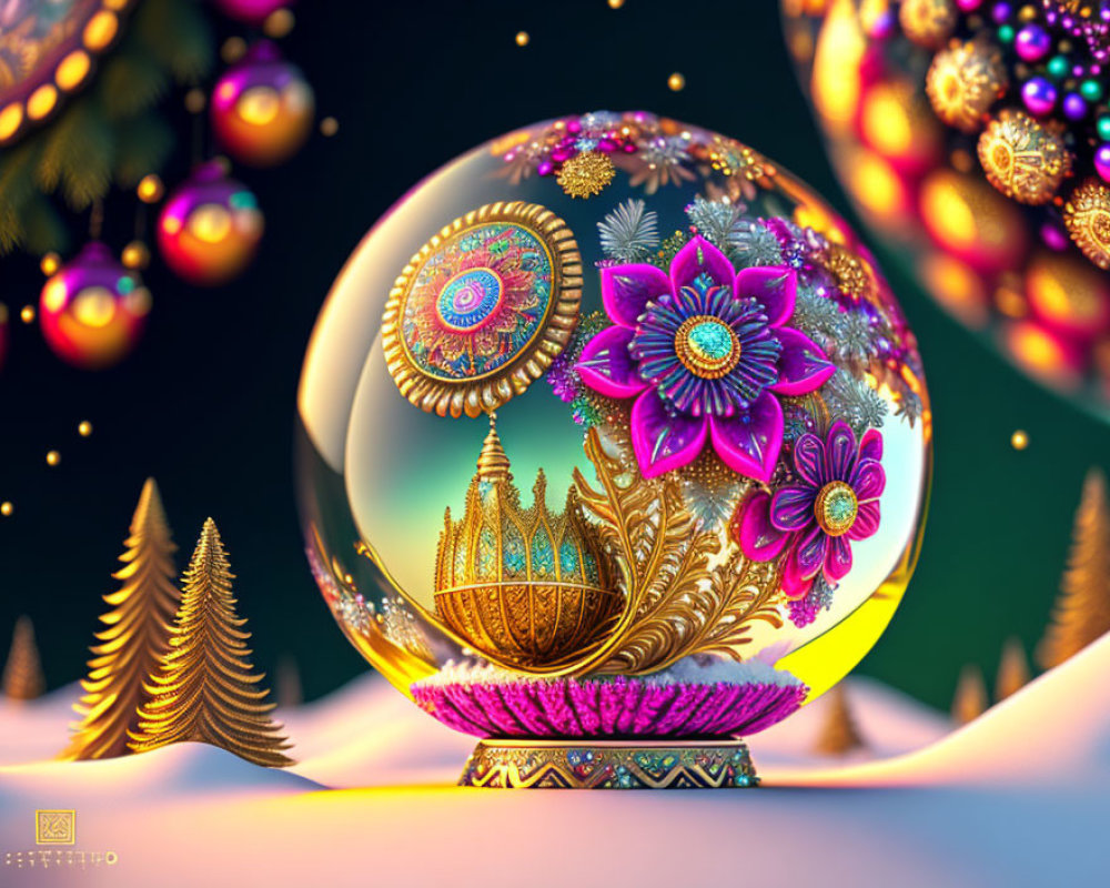 Colorful digital art: Crystal ball, intricate designs, orbs, pine trees, snow landscape