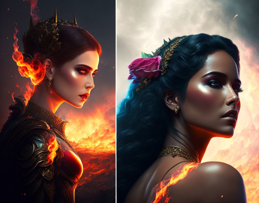 Split Image: Fiery vs. Cool Makeup Looks on Woman against Dramatic Backdrop