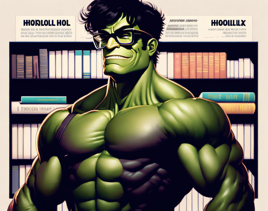 Muscular green character with glasses in front of bookshelf