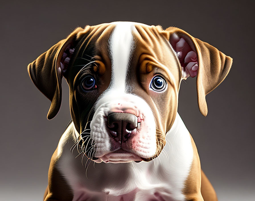 Brown and White Boxer Puppy with Expressive Eyes and Black Nose on Neutral Background