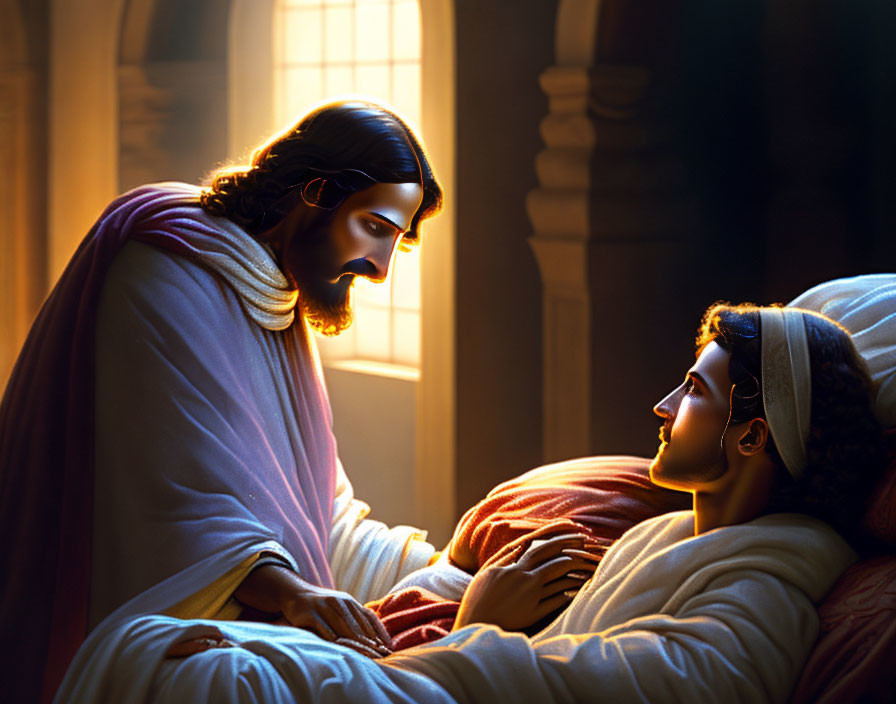 Illustration of bearded man comforting person in purple robe