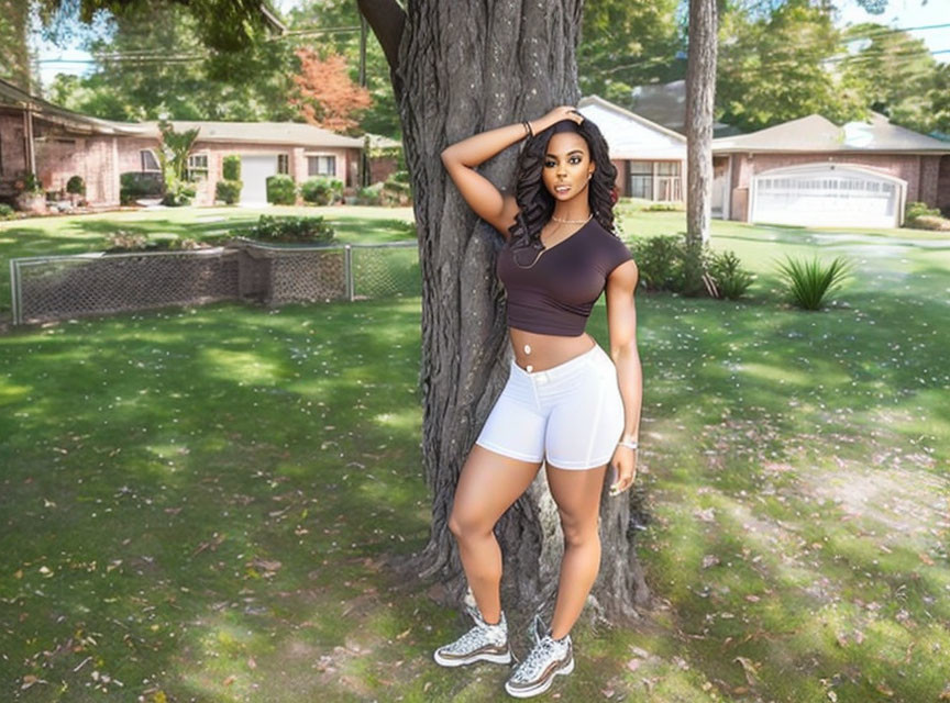 Confident person in crop top and white shorts poses under tree on sunny day