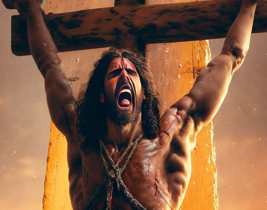 Man with Long Hair Bound to Wooden Cross in Anguish on Golden Backdrop