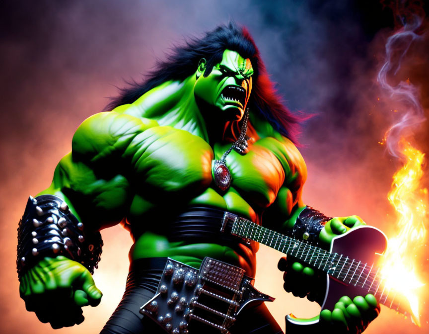 Muscular green-skinned character playing electric guitar in fiery setting