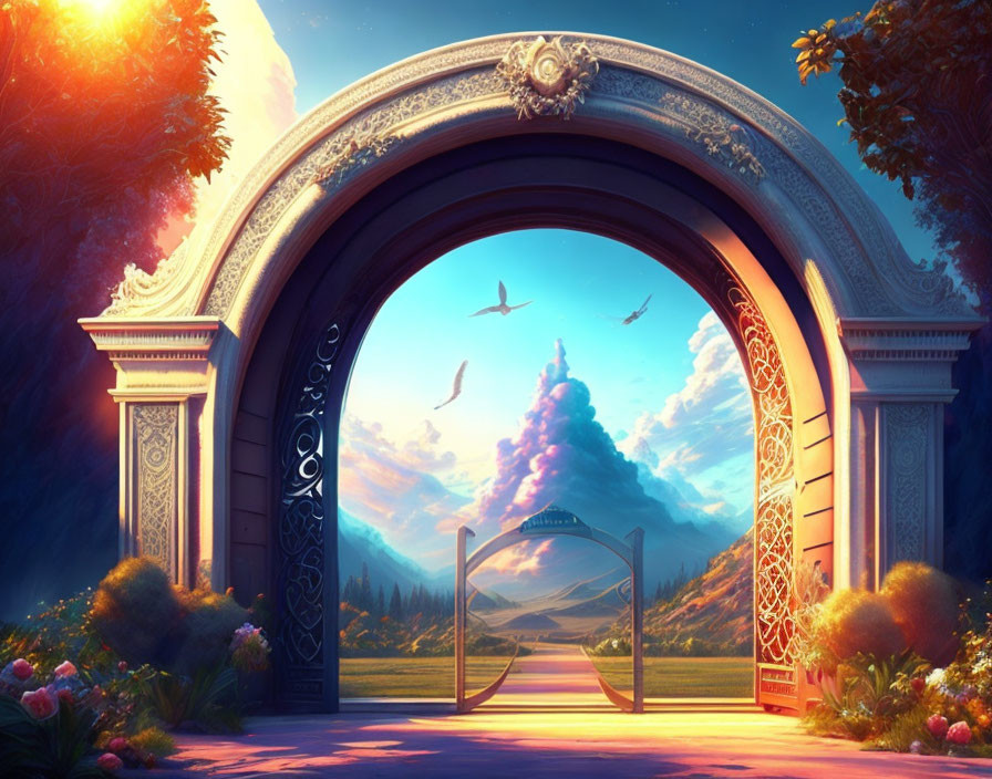 Ornate archway leading to vibrant mountain landscape