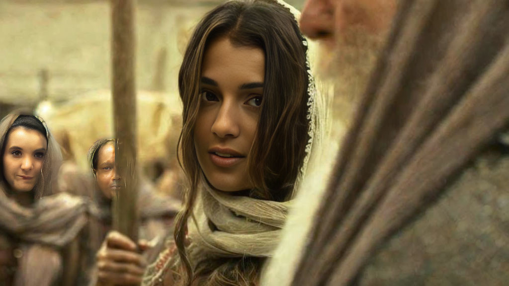 Young woman with long hair and headscarf in historical/fantasy setting with blurred figures