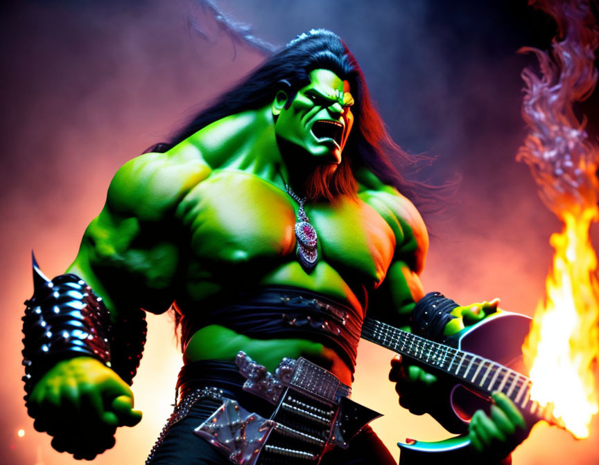 Green-skinned character playing electric guitar with flames in background