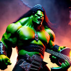 Muscular green-skinned character playing electric guitar in fiery setting