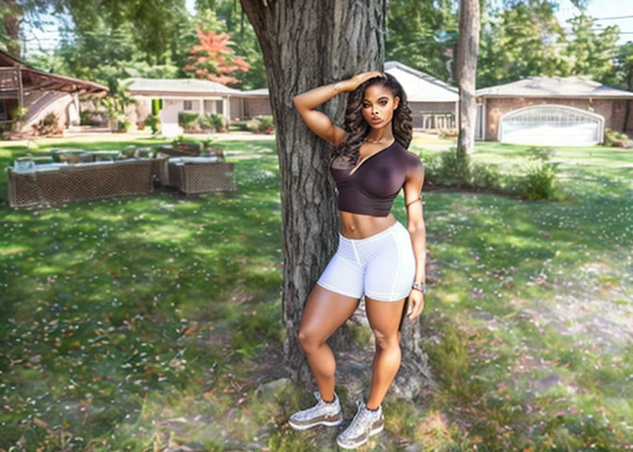 Person in purple crop top and white shorts poses by tree in garden with house and garage.