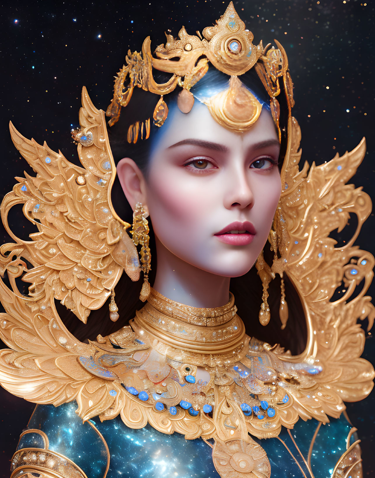 Regal Woman with Celestial Motifs and Gold Jewelry