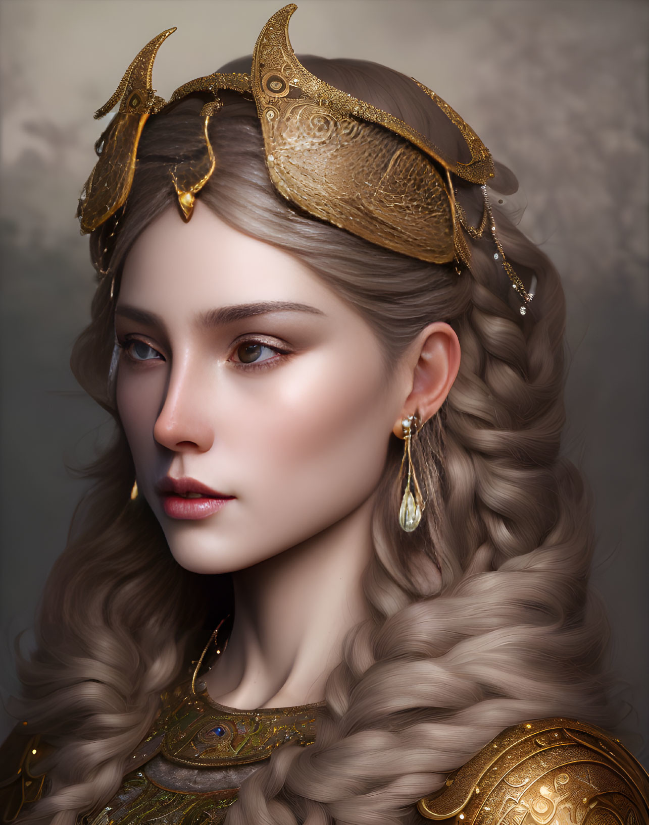 Woman portrait with gold crown and jewelry, braided hair, muted background