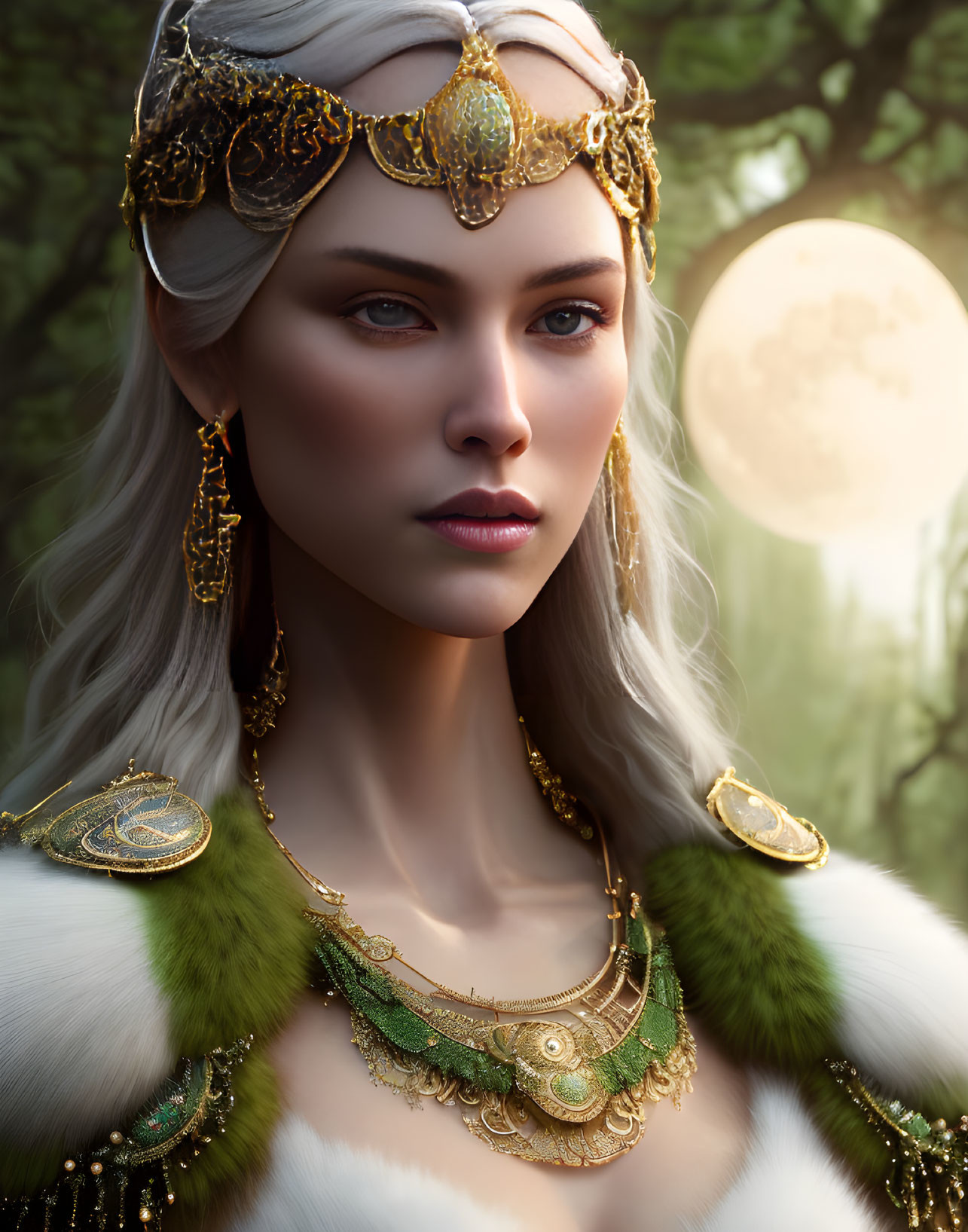 Fantasy elf woman with blue eyes and gold jewelry in moonlit setting