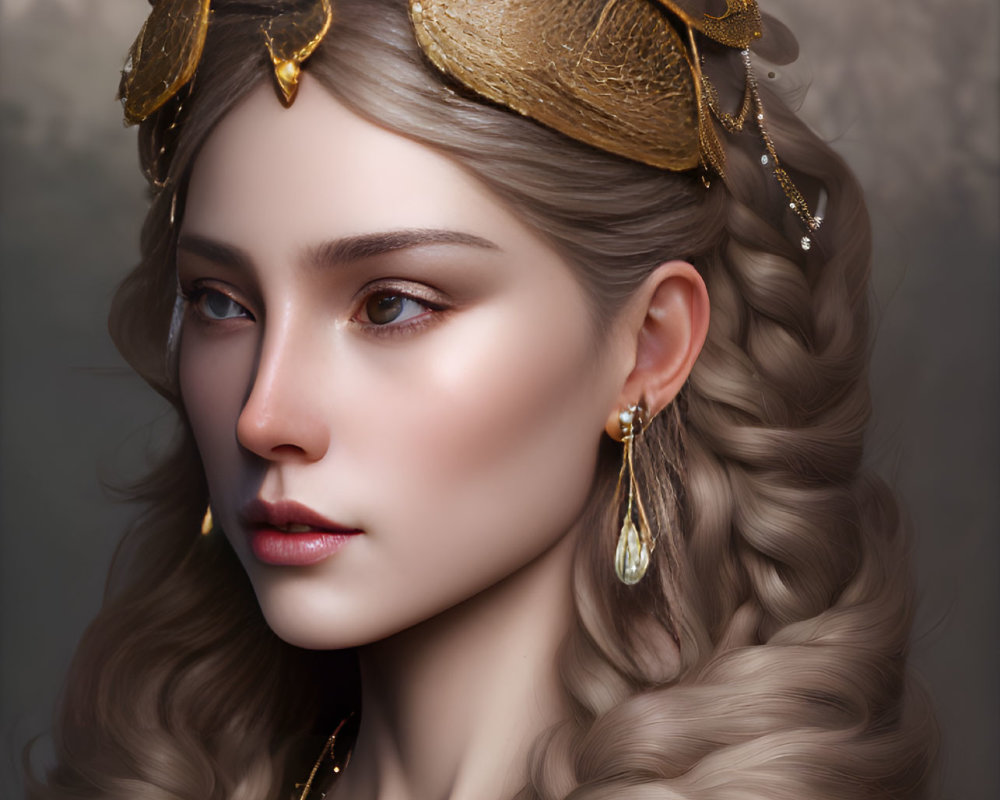 Woman portrait with gold crown and jewelry, braided hair, muted background