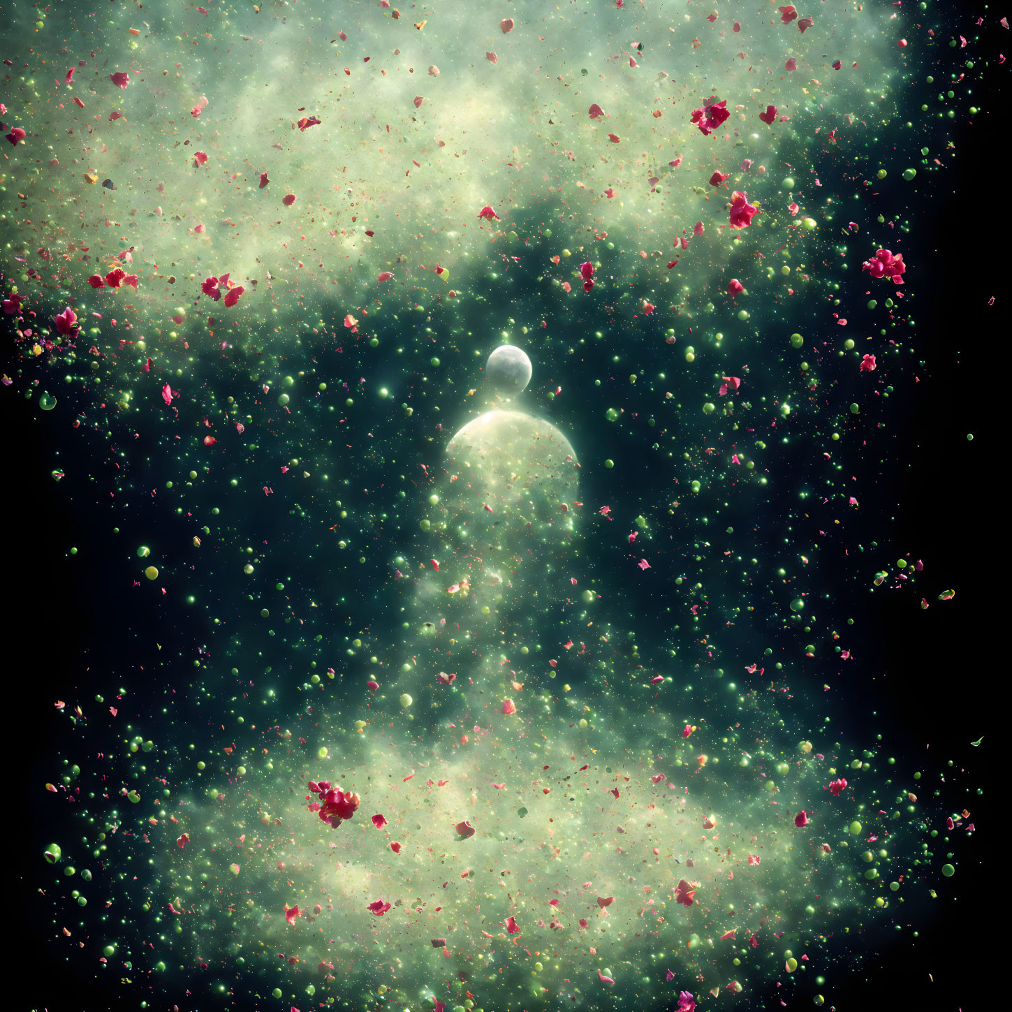 Surreal cosmic scene with lone figure in bubble surrounded by red flowers