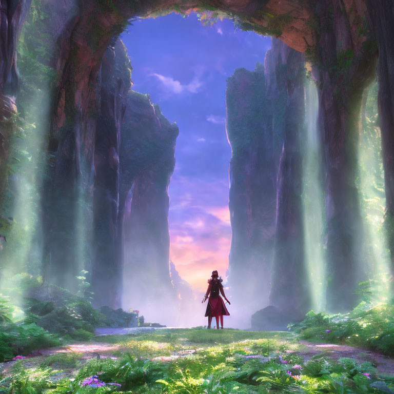 Person in Red Cloak at Entrance of Natural Archway with Waterfalls