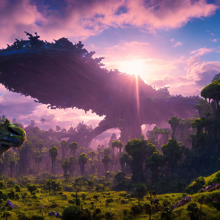 Fantastical landscape with floating islands and lush vegetation under purple sky at sunrise