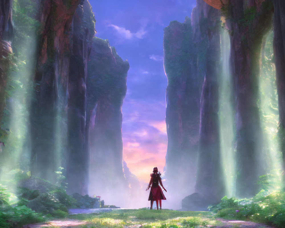 Person in Red Cloak at Entrance of Natural Archway with Waterfalls