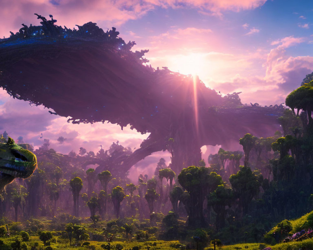 Fantastical landscape with floating islands and lush vegetation under purple sky at sunrise