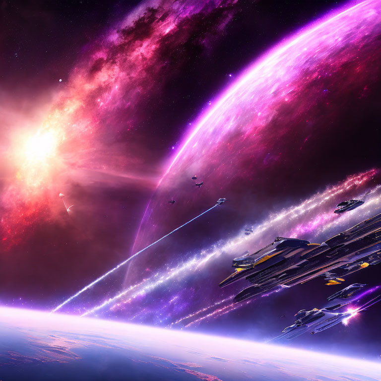 Cosmic spacecraft fleet near planet's orbit under vibrant sky