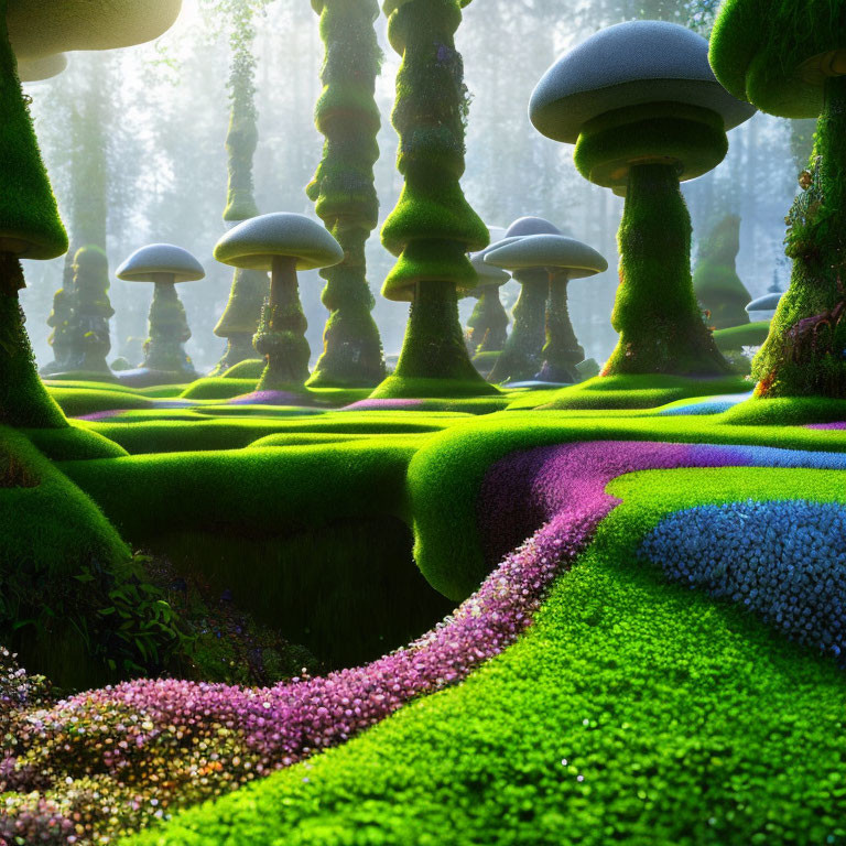 Fantasy forest with oversized mushrooms, moss, and colorful plants